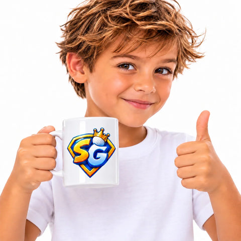 Kid giving a thumbs up with the SG mug