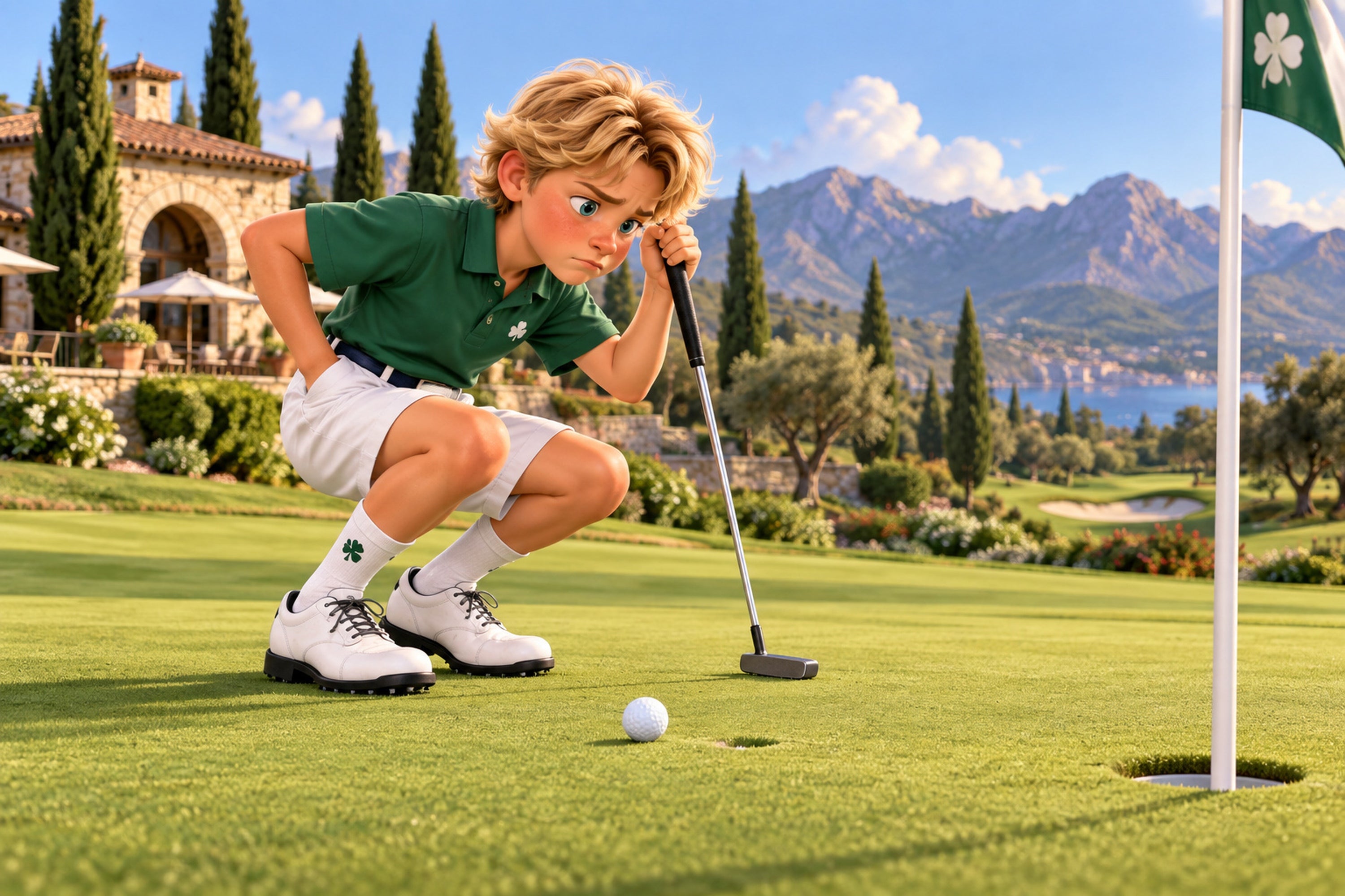 Original illustration of No Name: the boy studies the line of his putt
