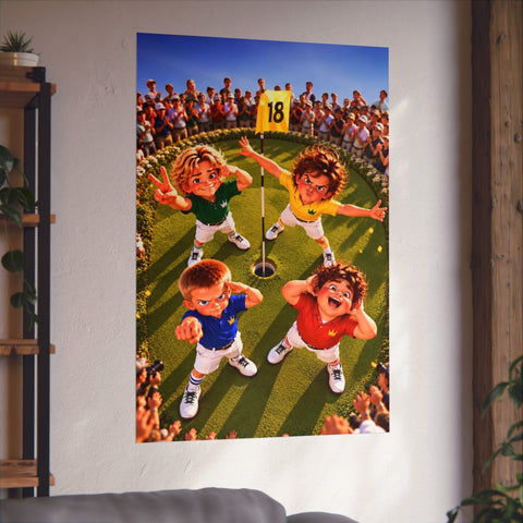 Super Golfers poster “The Team at the 18th Hole” hanging on the wall