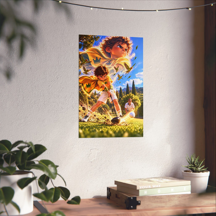 Super Golfers poster “The Bomber’s Superpower: The Drive” hanging on the wall