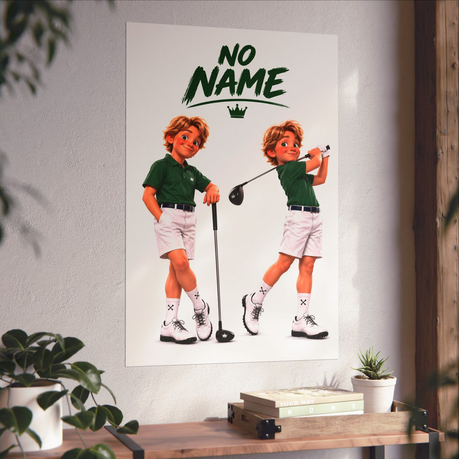 Super Golfers poster “No Name in Two Poses” hanging on the wall