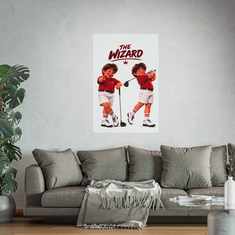 Super Golfers poster “The Wizard in Two Poses” hanging on the wall