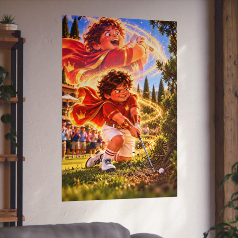 Super Golfers poster “The Wizard’s Superpower: Magic” hanging on the wall