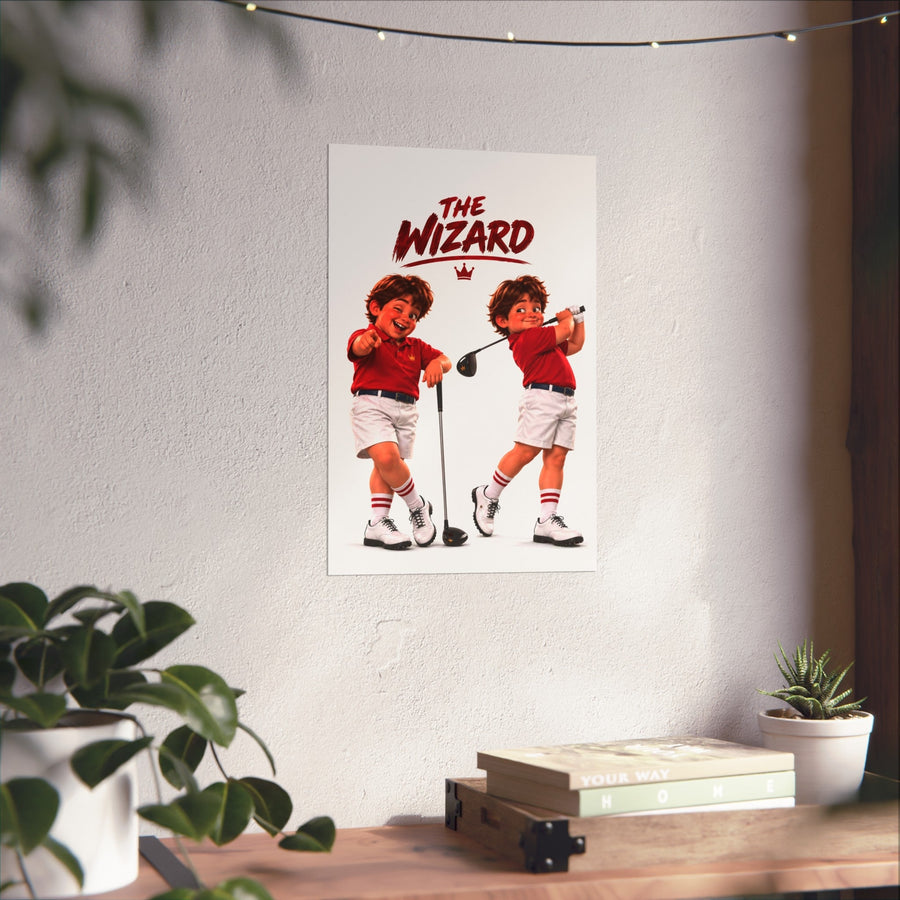 Super Golfers poster “The Wizard in Two Poses” hanging on the wall