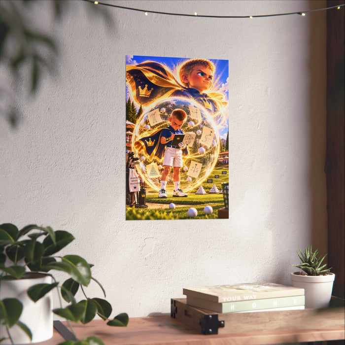 Super Golfers poster “The Machine’s Superpower: Focus” hanging on the wall