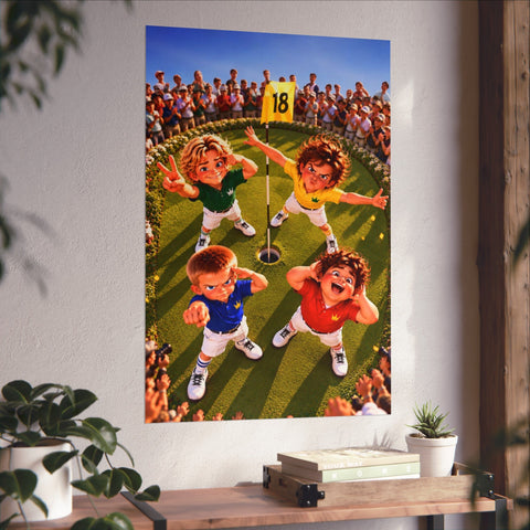 Super Golfers poster “The Team at the 18th Hole” hanging on the wall