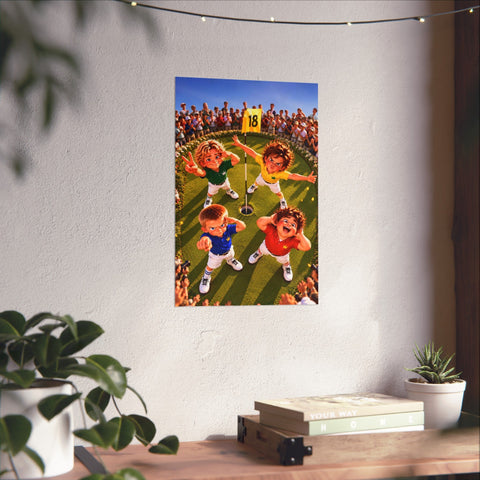 Super Golfers poster “The Team at the 18th Hole” hanging on the wall