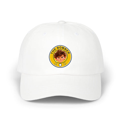 Super Golfers The Bomber cap in white – front view with the print