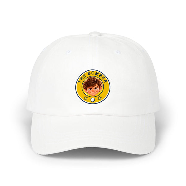 Super Golfers The Bomber cap in white – front view with the print