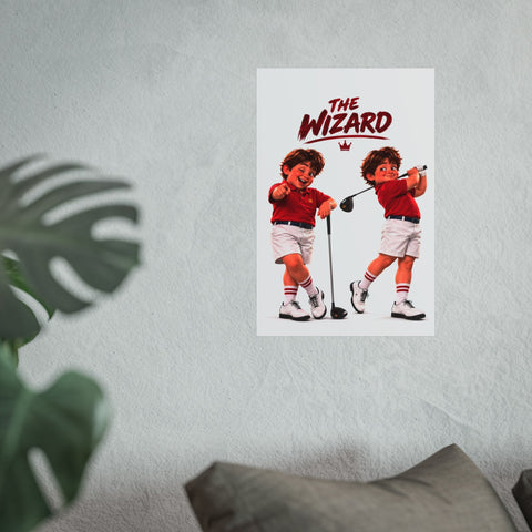 Super Golfers poster “The Wizard in Two Poses” hanging on the wall