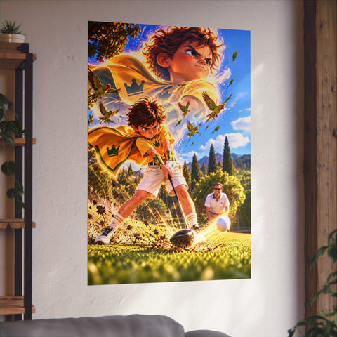Super Golfers poster “The Bomber’s Superpower: The Drive” hanging on the wall
