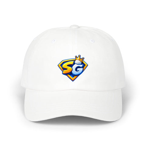 Super Golfers SG Crest cap in white – front view with the print