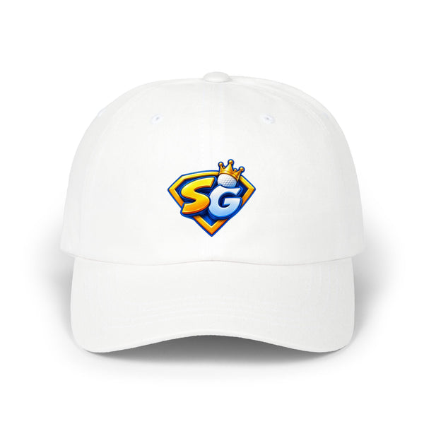 Super Golfers SG Crest cap in white – front view with the print
