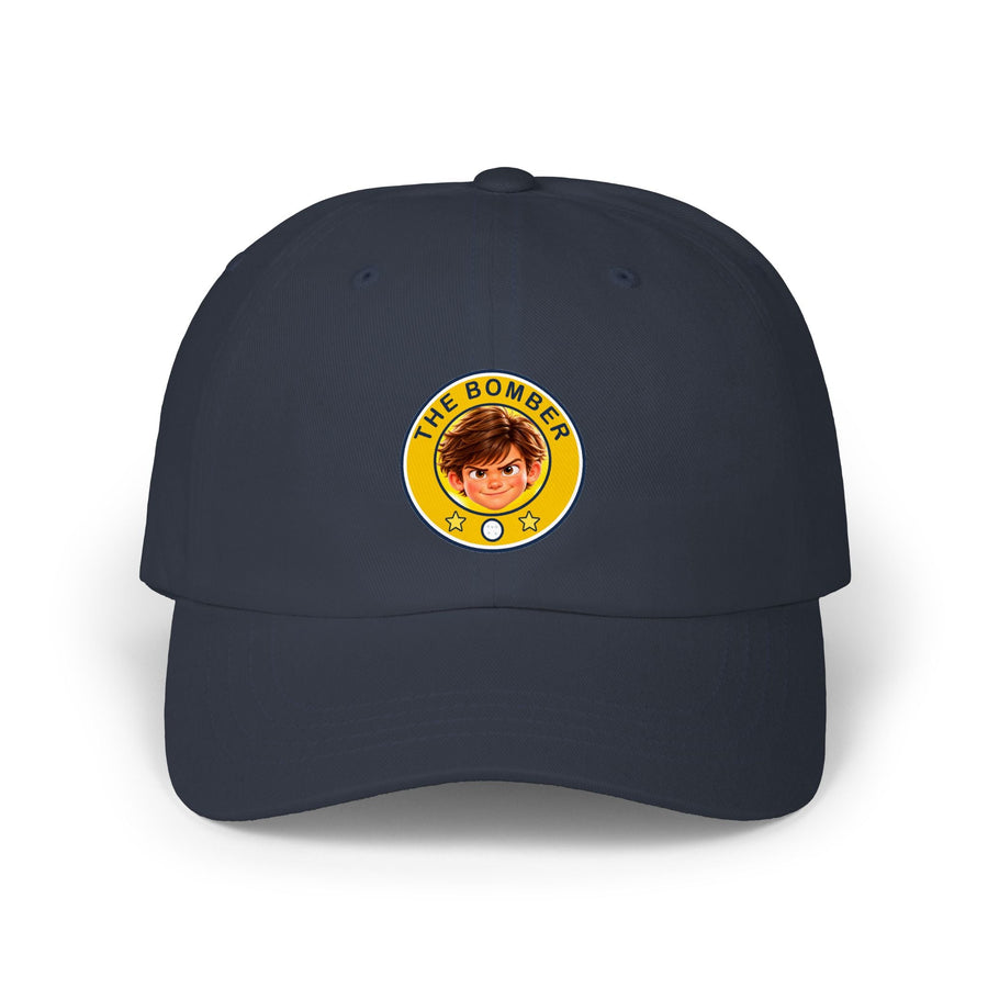 Super Golfers The Bomber cap in navy – front view with the print