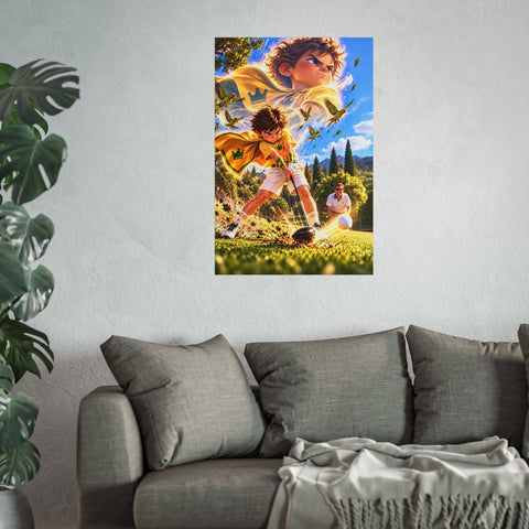 Super Golfers poster “The Bomber’s Superpower: The Drive” hanging on the wall