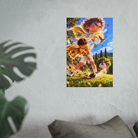 Super Golfers poster “The Bomber’s Superpower: The Drive” hanging on the wall