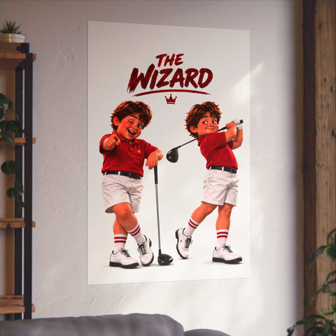 Super Golfers poster “The Wizard in Two Poses” hanging on the wall