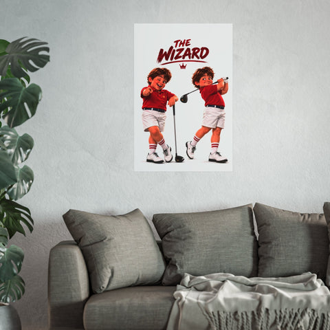 Super Golfers poster “The Wizard in Two Poses” hanging on the wall