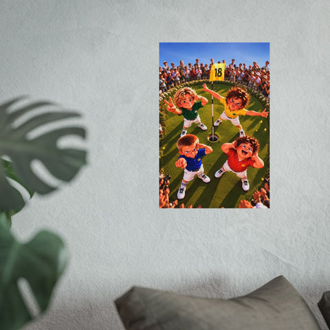 Super Golfers poster “The Team at the 18th Hole” hanging on the wall