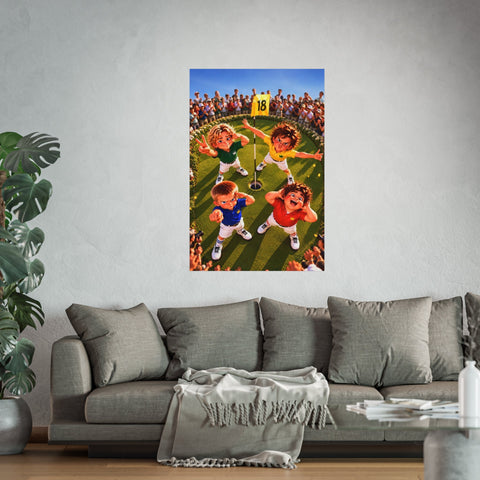 Super Golfers poster “The Team at the 18th Hole” hanging on the wall