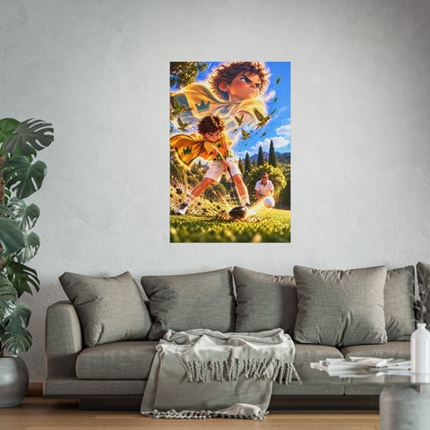 Super Golfers poster “The Bomber’s Superpower: The Drive” hanging on the wall