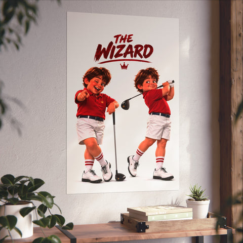 Super Golfers poster “The Wizard in Two Poses” hanging on the wall