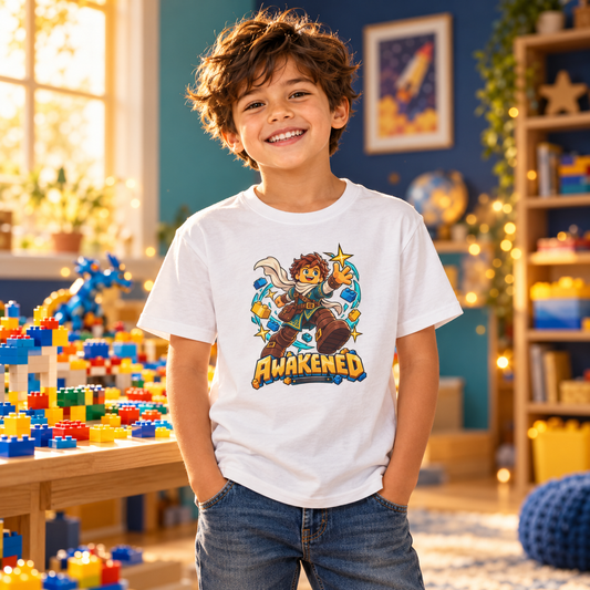 Blokos lifestyle · Awakened white kids T-shirt · illustrative scene