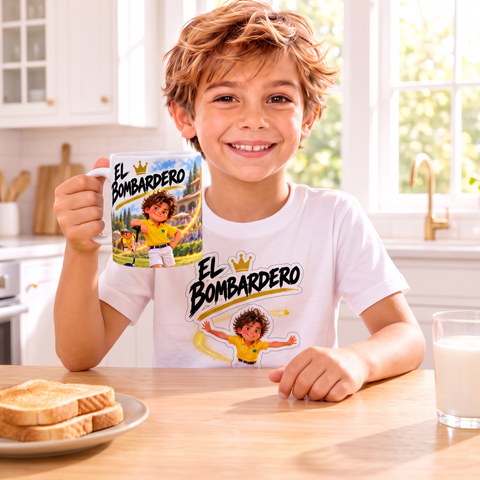 Niño desayunando con la camiseta y la taza El Bombardero