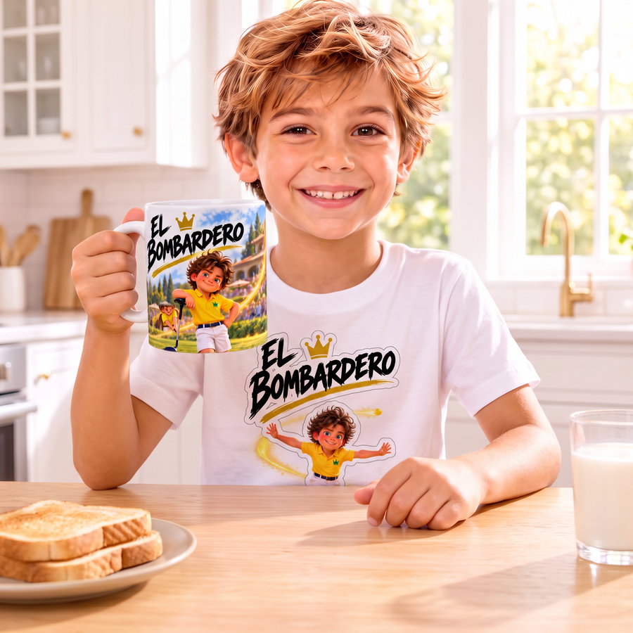 Niño desayunando con la camiseta y la taza El Bombardero