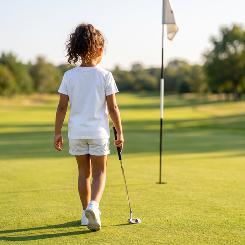 Niña caminando hacia la bandera con la camiseta de Supergolfistas