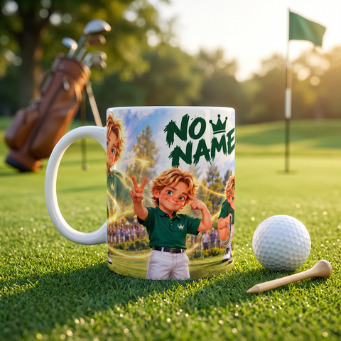No Name mug on the putting green