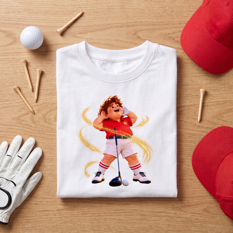 Camiseta El Mago doblada con bola, tees y guante de golf