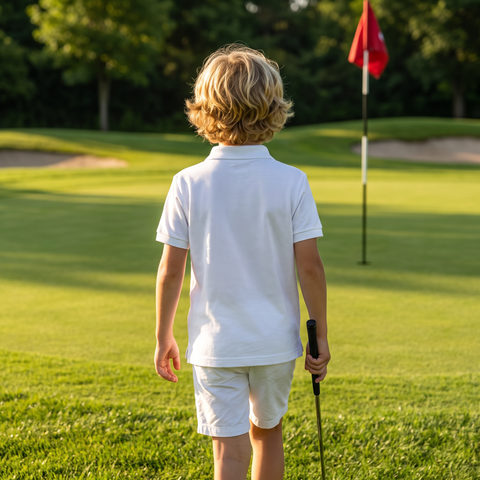 Kid walking to the flag in the Super Golfers polo