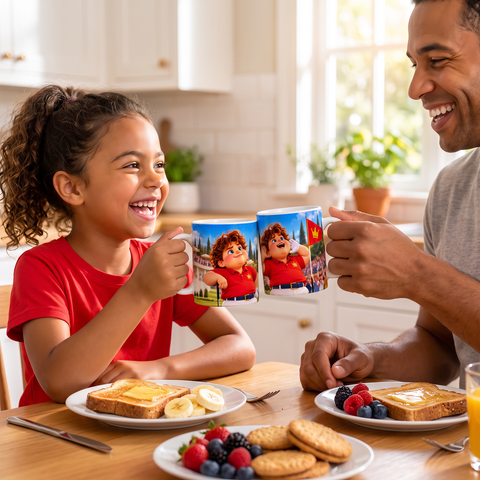 Family breakfast with two The Wizard mugs