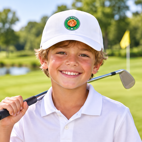 Kid wearing the Super Golfers No Name cap on the golf course