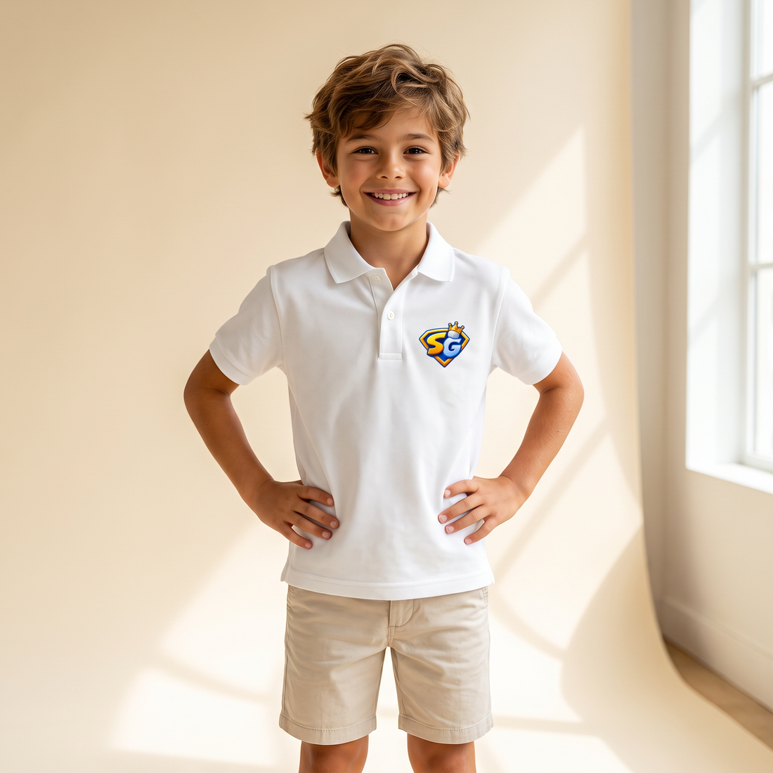 Niño con el polo infantil Escudo SG de Supergolfistas