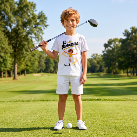 Niño en el campo de golf con la camiseta El Bombardero