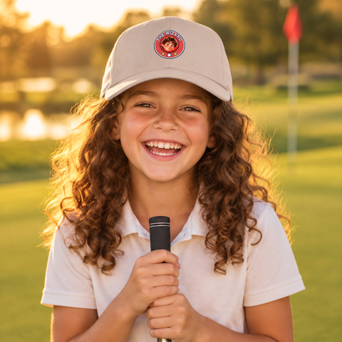 Girl wearing the Super Golfers The Wizard cap on the golf course