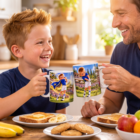 Family breakfast with two The Machine mugs