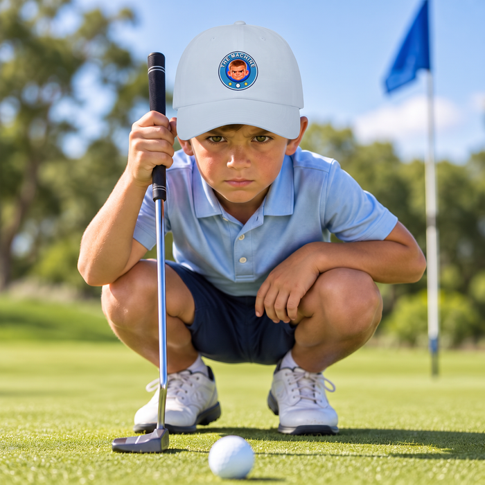 Kid wearing the Super Golfers The Machine cap on the golf course