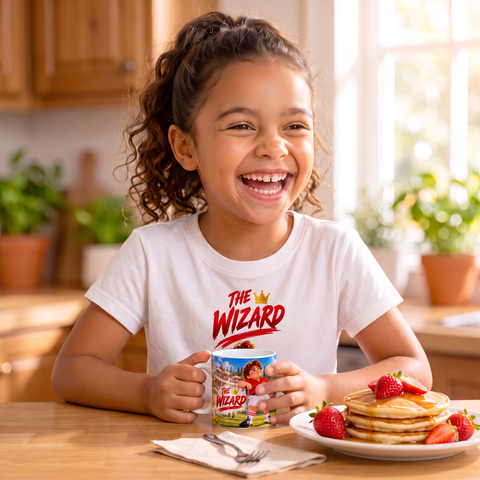 Girl at breakfast with The Wizard T-shirt and mug