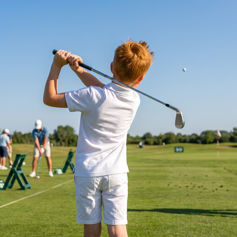 Niño haciendo un swing con el polo de Supergolfistas