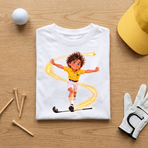 The Bomber T-shirt folded with golf ball, tees and glove