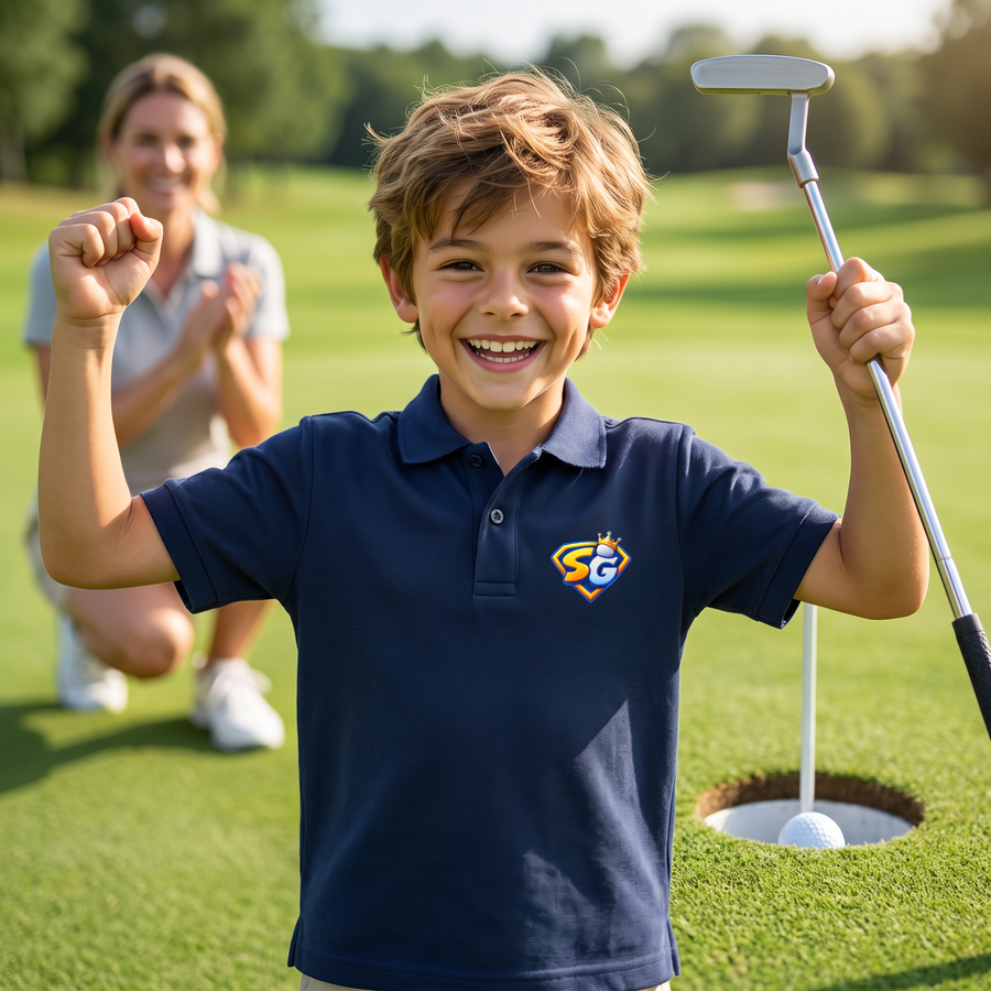 Kid celebrating a birdie in the SG Crest polo