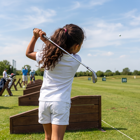 Girl swinging a golf club in the Super Golfers polo