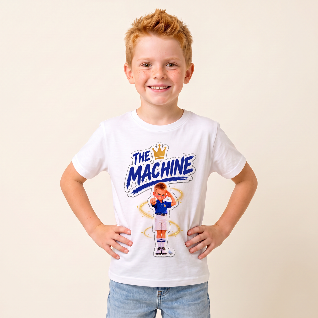 Kid wearing the Super Golfers The Machine kids T-shirt