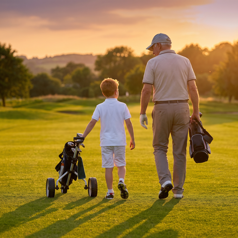Paseo en familia por el campo de golf con la camiseta de Supergolfistas