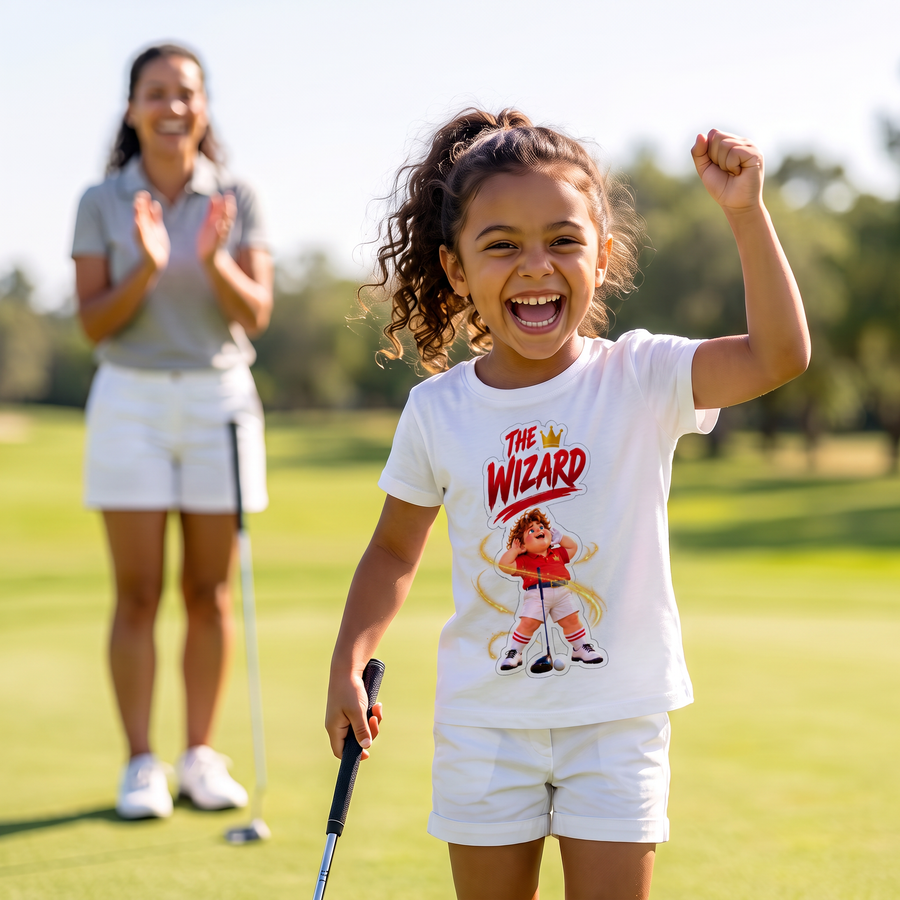 Girl celebrating a birdie in The Wizard T-shirt