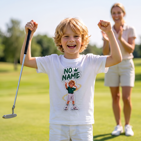 Kid celebrating a birdie in the No Name T-shirt