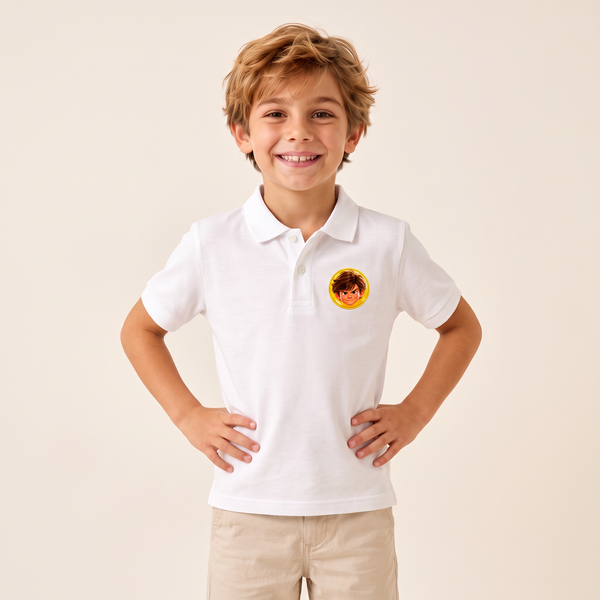 Niño con el polo infantil El Bombardero de Supergolfistas